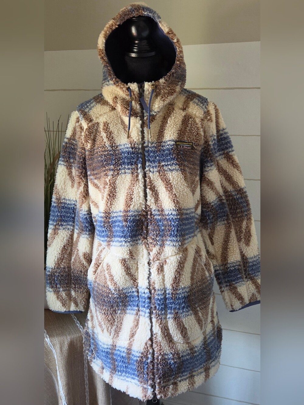 LL Bean Southwest Sherpa Fleece Longline Hooded Coat Jacket L Teddy Cabincore
